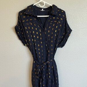En Creme Dark Blue Dress with Gold Patterns